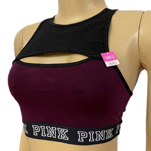 Victorias Secret Pink Sport Cotton Unlined High Neck Crop bra black wine Small - Picture 2 of 5